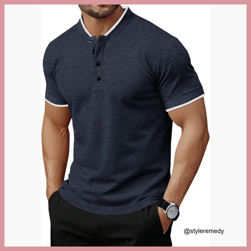 Short Sleeve Henley Polo Shirt Regular Fit Polyester Blend